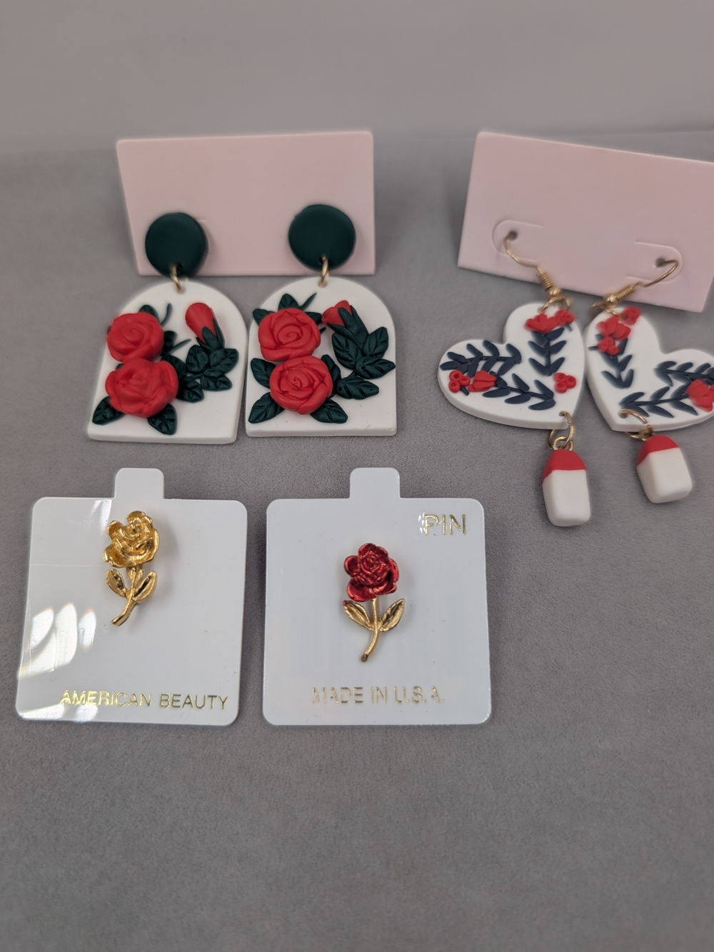 American Beauty Rose Earrings & Floral Pins 4 Piece Set | 0913